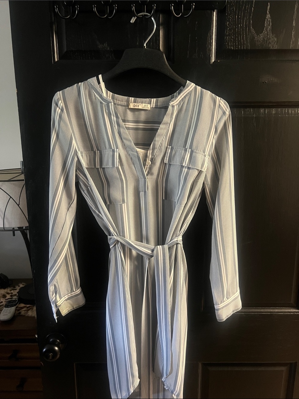 Dex Blue and White Striped Long Sleeve Shirt Dress with Waist Tie